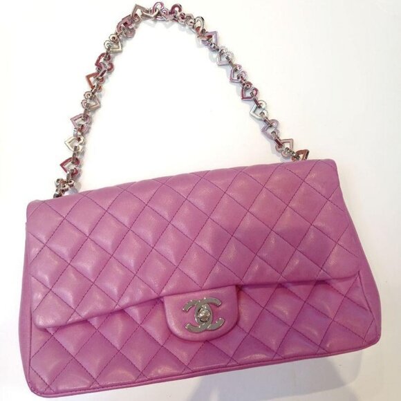Authentic CHANEL CC Medium Classic Flap Lambskin Quilted Pink Valentine Handbag - Picture 2 of 11